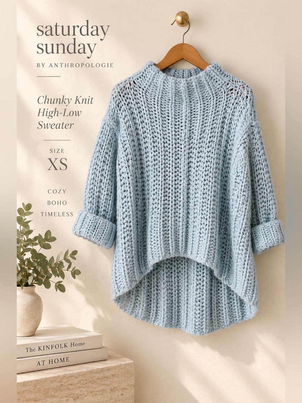 Saturday Sunday by Anthropologie Chunky Knit High-Low Sweater Light Blue XS
